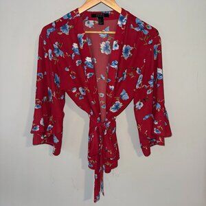 Forever 21 Contemporary Red and Blue Floral Open Front Cross Bow Tie Belted Top